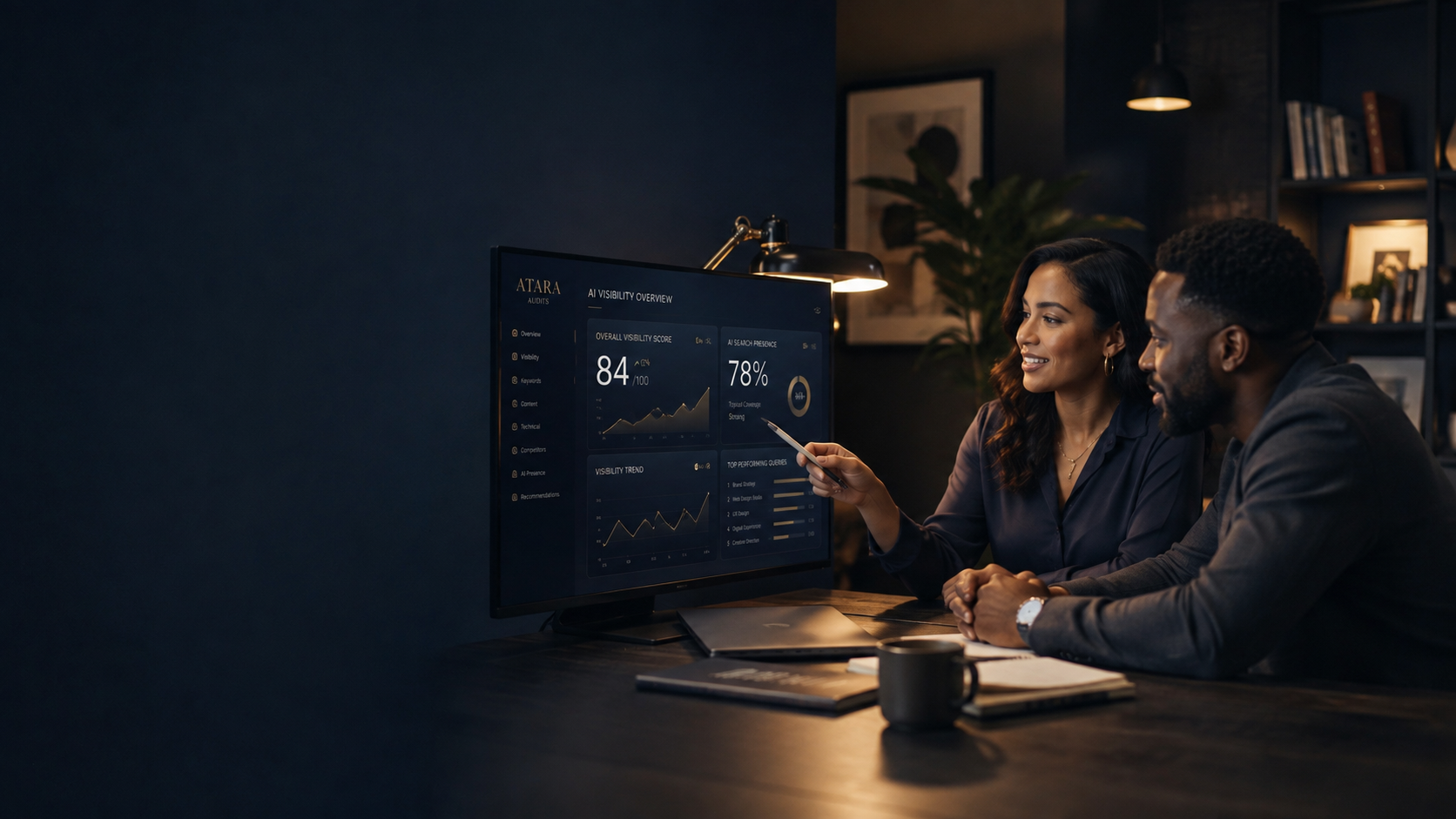 Two professionals reviewing an Atara Audits visibility report